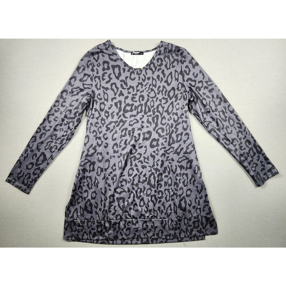 Leopard Print Shirt Long Sleeve V Neck Tunic Blouse Womens Size Small Gray